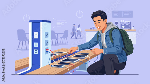 Young Man Charging Devices at Public Station with Power Outlets