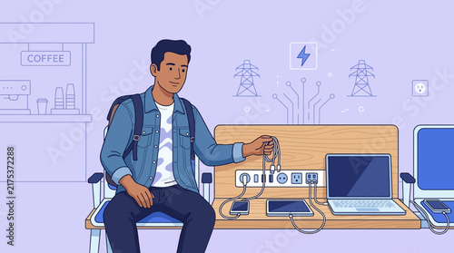 Young man charging devices at public tech station with coffee shop background