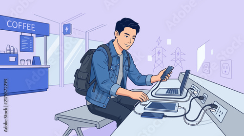 Young Man Charging Devices in a Coffee Shop with Wi-Fi