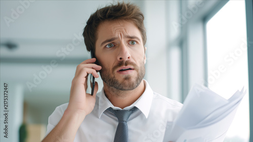 Office worker holding a smartphone to his ear and documents in one hand, showing anxiety and surprise during a phone conversation in a modern office.