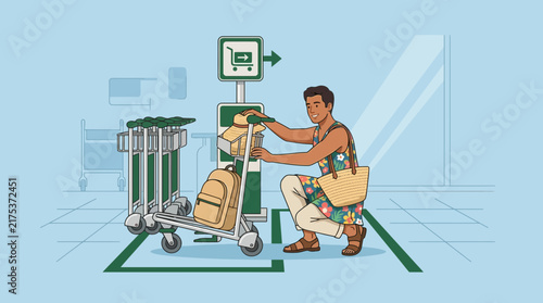 Person loading luggage onto airport trolley, travel concept