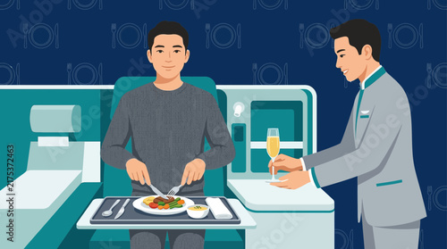 Passenger enjoying a meal served by flight attendant on airplane