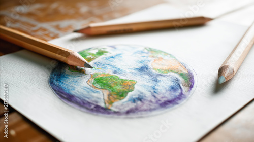 Child's drawing of planet Earth made with colored pencils on paper lying on a wooden table in a cozy children's room.