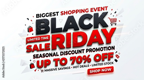 Black Friday Sale Promotion Banner with 3D Text and Up to 70 Percent Discount Offer on White Background
