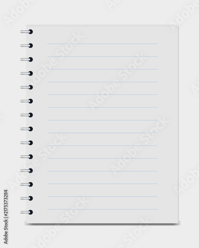 Blank lined spiral notebook page vector illustration with blue lines, metallic binding rings, and drop shadow over a neutral light gray background with copy space for writing and notes