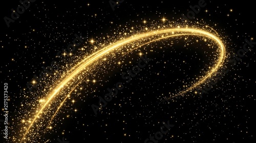 Abstract Golden Sparkling Light Trail with Magic Glitter Dust and Stars on Black Background