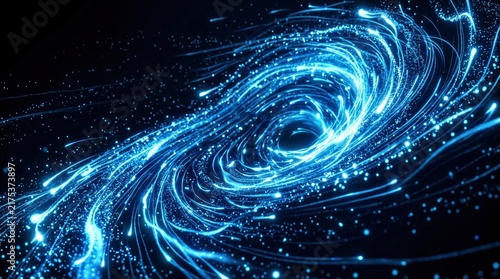 Abstract swirling blue light particles and glowing streaks forming a cosmic vortex or digital data flow on a dark background