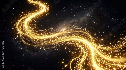 Golden Sparkling Light Trails Swirling in Deep Space Galaxy Background