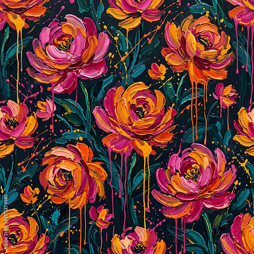 Abstract oil painting floral seamless pattern with dripping paint and colorful flowers vector illustration