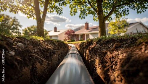 Underground utility pipe installation in a residential yard.
