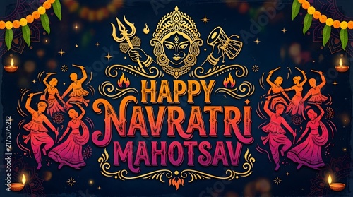  Happy Navratri Mahotsav Festival Poster with Goddess Durga, Trident, Diyas, and Ornate Traditional Decorations