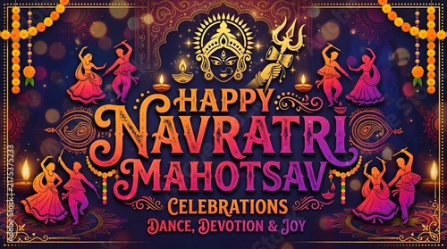  Happy Navratri Mahotsav Festival Poster with Goddess Durga, Trident, Diyas, and Ornate Traditional Decorations