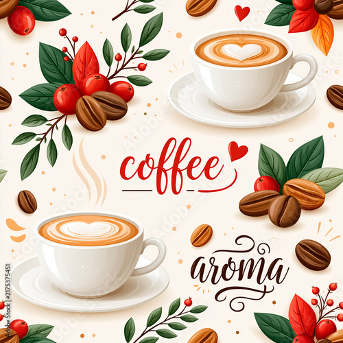 Seamless pattern with coffee beans and a cup