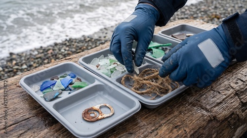 Hands classify coastal debris for material research