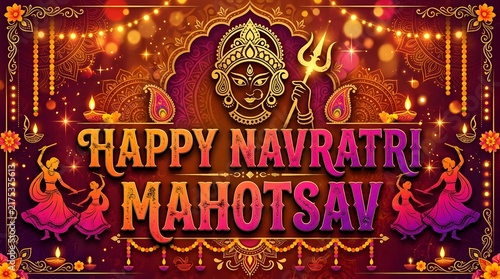  Happy Navratri Mahotsav Festival Poster with Goddess Durga, Trident, Diyas, and Ornate Traditional Decorations