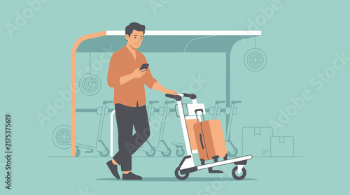 Man with luggage cart and phone at airport or train station