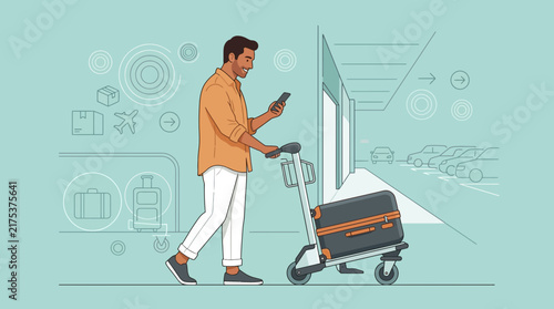 Man with Luggage Cart and Phone at Airport Terminal with Parking Lot View