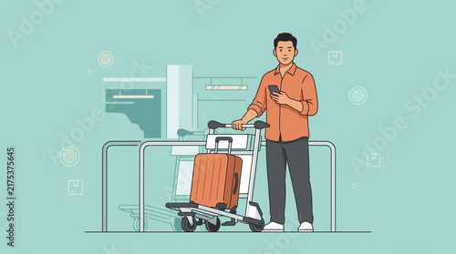 Man with Luggage Cart and Phone at Airport Terminal