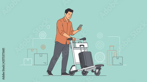 Man with Luggage Cart and Phone at Airport Terminal
