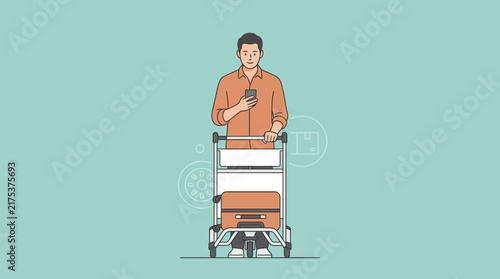Man with Luggage Cart and Phone at Airport, Travel Concept