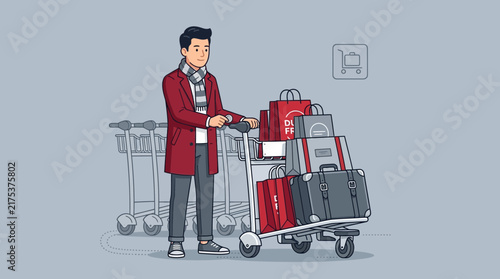 Man with Luggage Cart and Shopping Bags at Airport Terminal