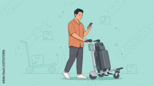 Man with Luggage Cart and Smartphone at Airport, Travel Concept
