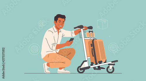 Man with Luggage Cart and Smartphone, Travel Concept