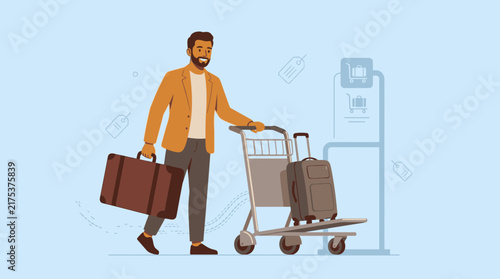 Man with luggage cart and suitcases at airport, travel concept