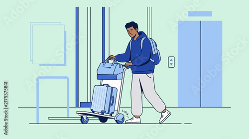 Man with luggage cart and suitcase at airport, flat illustration, isolated on white