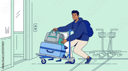 Man with Luggage Cart Arriving at Airport Terminal with Elevator