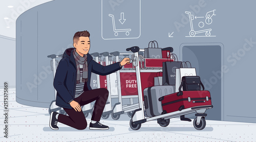 Man with Luggage Cart at Airport - Travel and Duty Free Shopping