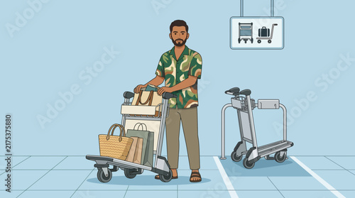 Man with Luggage Cart at Airport - Travel and Shopping