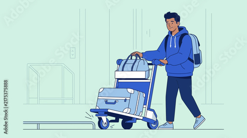 Man with Luggage Cart at Airport - Travel and Transportation