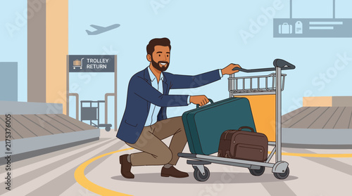 Man with luggage at airport carousel, ready for travel