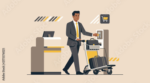 Man with luggage at airport check-in counter, travel concept