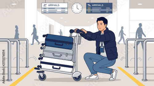 Man with Luggage Cart at Airport Arrivals