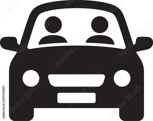 Black and white icon of a car facing forward with two passengers visible through the windshield also transparent background