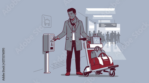 Man with luggage at airport check-in counter, travel concept
