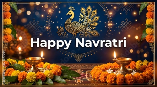 Happy Navratri Celebration Banner with Glowing Diyas, Marigold Garlands, Fruits, and Dark Blue Decorative Background