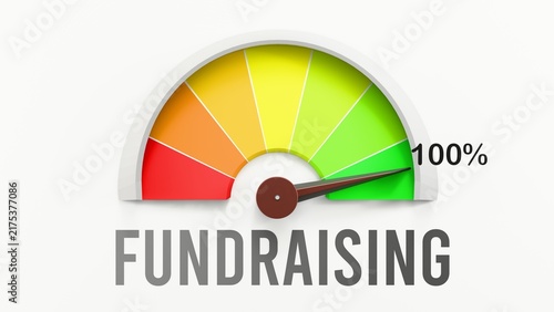 Fundraising meter showing high values of fundraising. Increasing and rising fundraising, reaching full, off the charts. Max fundraising. No AI, made by humans for humans. ,3d illustration