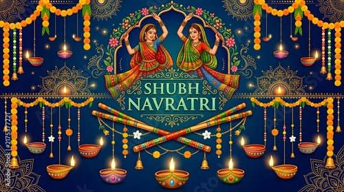 Shubh Navratri Greeting Card with Goddess Durga, Diyas, Marigold Garlands, and Traditional Indian Festival Ornamentation