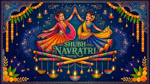 Shubh Navratri Garba Dance Celebration Illustration with Traditional Indian Dancers, Diyas, and Decorative Border