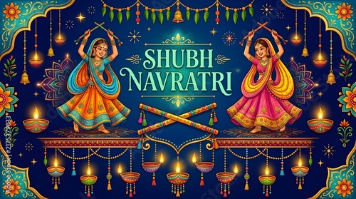 Shubh Navratri Garba Dance Celebration Illustration with Traditional Indian Dancers, Diyas, and Decorative Border