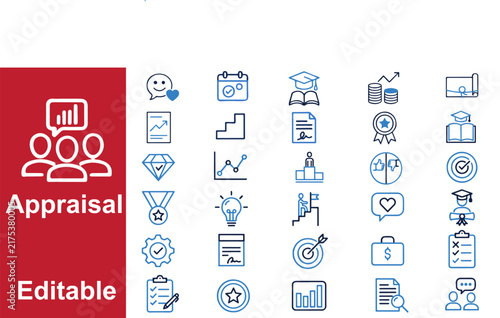 Employee Appraisal and Performance Evaluation 30 Editable Line Icons Set
