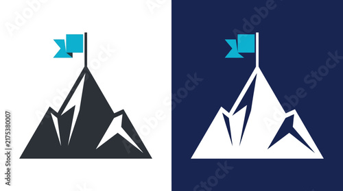 Mountain peak with a blue flag planted on its summit symbolizes achievement, success, and reaching a business goal or milestone.