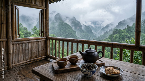 Tea service on bamboo balcony overlooking misty mountains