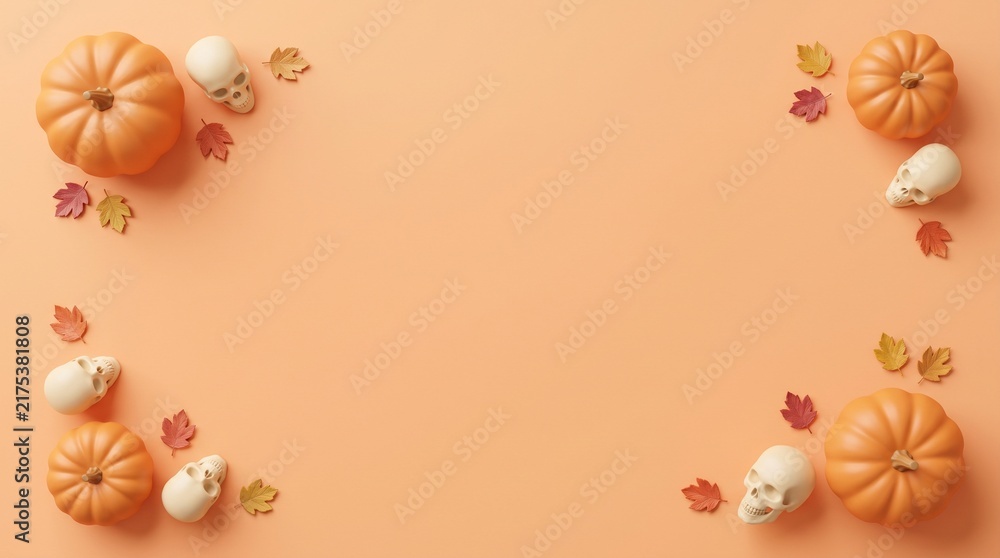 Fototapeta premium Halloween Pumpkin and Skull Border with Autumn Leaves and Copy Space