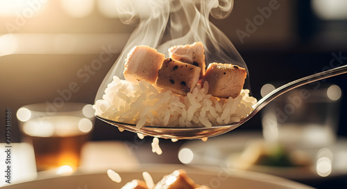 Close up shot of cooked rice and meat cubes on a spoon with steam