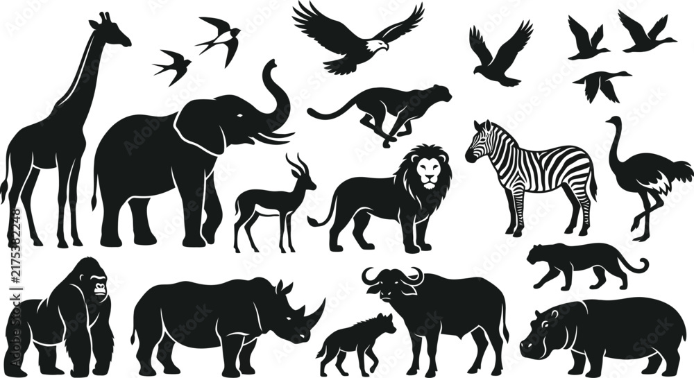 Fototapeta premium Set of wild african animal silhouettes including lion elephant giraffe zebra rhino gorilla and birds for design