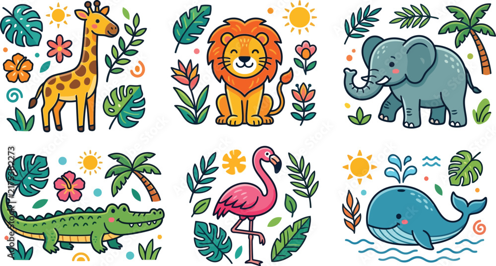 Obraz premium Set of cute safari and sea animals with tropical plants and flowers for kids illustration isolated on a background